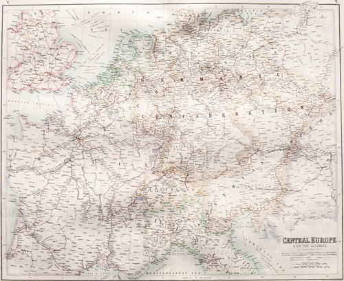fullarton central europe with railways antique map 1860